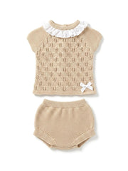 GIRLS KNITTED MIXED RUFFLE COLLAR SHIRT AND BLOOMER 2P SET