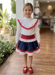 CONJUNTO DE CAMISA DE MANGA LARGA PARA NIÑA CON FALDA CORTA MARINA