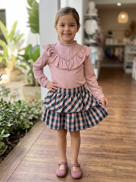 GIRL BLOUSE WITH RUFFLE PLAID SKIRT