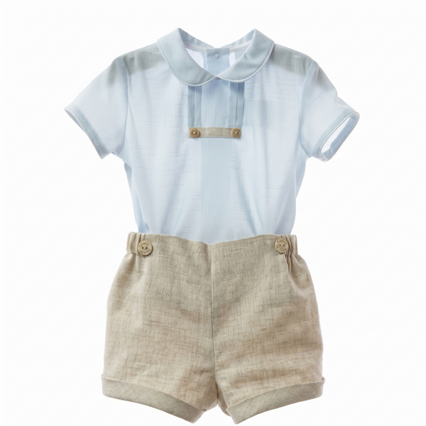 BOYS LINEN SHORT AND BLUE STRIPED SHIRT 2P CRISTAL