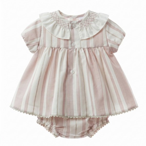 GIRLS SMOCKED COLLAR STRIPED DRESS WITH BLOOMER 2P PORCELANA
