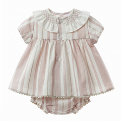GIRLS SMOCKED COLLAR STRIPED DRESS WITH BLOOMER 2P PORCELANA