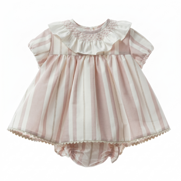 GIRLS SMOCKED COLLAR STRIPED DRESS WITH BLOOMER 2P PORCELANA
