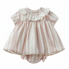 GIRLS SMOCKED COLLAR STRIPED DRESS WITH BLOOMER 2P PORCELANA