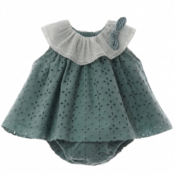 GIRLS EYELET WITH VICHY BOW DRESS WITH BLOOMER 2P MAEMUKI