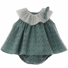 GIRLS EYELET WITH VICHY BOW DRESS WITH BLOOMER 2P MAEMUKI