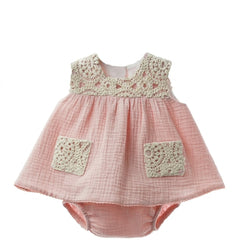 GIRLS CROCHET KNIT GAUZE DRESS WITH BLOOMER 2P DECORACION