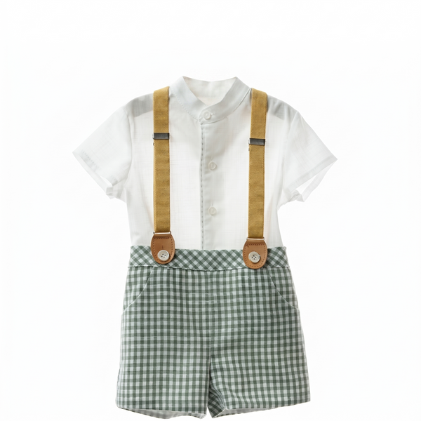 BOYS MAO COLLAR SHIRT AND VICHY SHORT WITH SUSPENDER 3P ANFORA