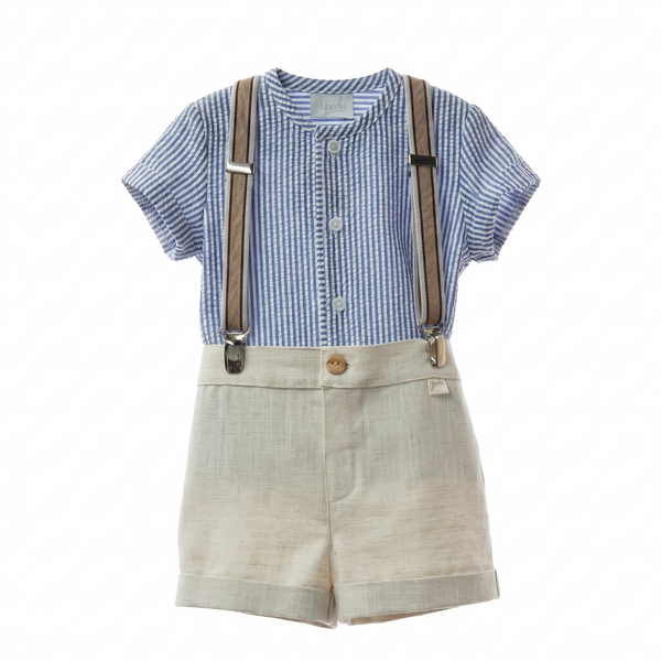 BOYS STRIPED SHIRT AND LINEN SHORT WITH SUSPENDER 3P MARMOLINA