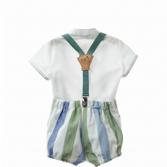 BOYS WIDE STRIPED SHORT WITH SUSPENDER AND MAO COLLAR SHIRT 3P MOSAICO