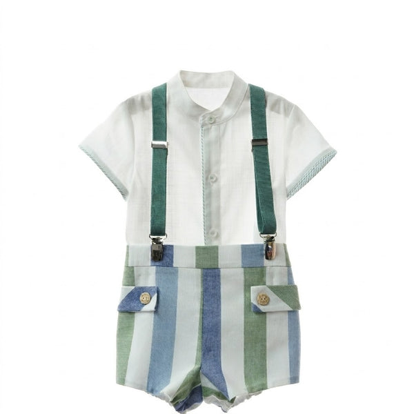 BOYS WIDE STRIPED SHORT WITH SUSPENDER AND MAO COLLAR SHIRT 3P MOSAICO