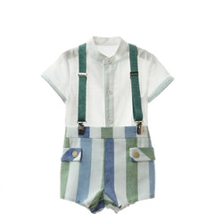 BOYS WIDE STRIPED SHORT WITH SUSPENDER AND MAO COLLAR SHIRT 3P MOSAICO