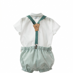 BOYS GREEN STRIPED SHORT WITH SUSPENDER AND SHIRT WITH COLLAR 3P ARTESANIA