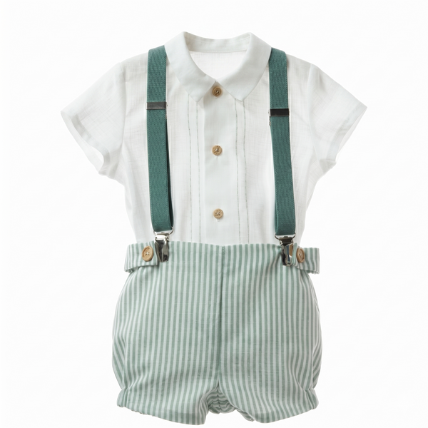 BOYS GREEN STRIPED SHORT WITH SUSPENDER AND SHIRT WITH COLLAR 3P ARTESANIA