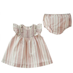 GIRLS RUFFLE SLEEVE STRIPED DRESS WITH BLOOMER 2P PORCELANA