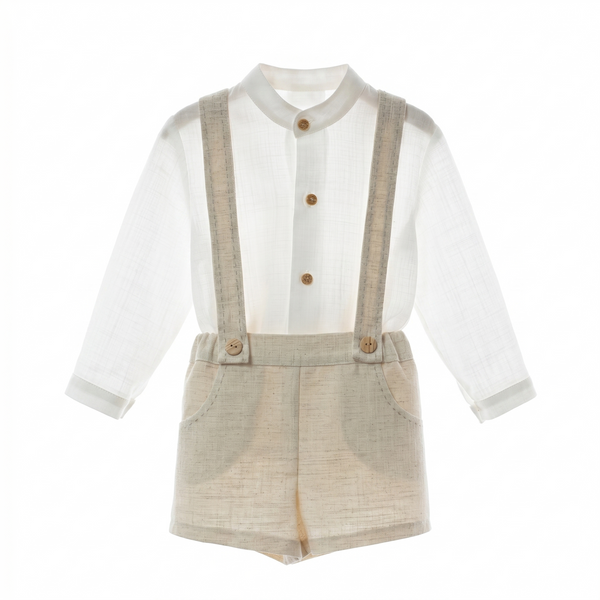 BOYS MAO COLLAR AND IVORY LINEN SHORT SUSPENDER 2P PORCELANA