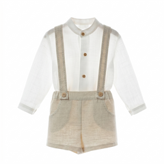 BOYS MAO COLLAR AND IVORY LINEN SHORT SUSPENDER 2P PORCELANA