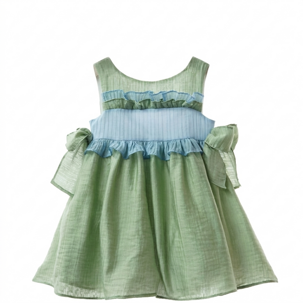GIRLS BOWS RUFFLE GREEN DRESS MOSAICO