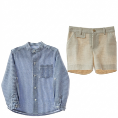 BOYS BLUE STRIPED SHIRT AND LINEN SHORT 2P MARMOLINA