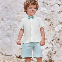 CONJUNTO DE CAMISA DE NIÑO CON PANTALÓN CORTO VERDE Y PAJARITA