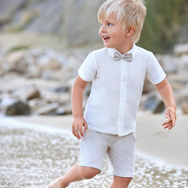 BOYS SHIRT AND BEIGE SHORT AND BOW TIE SET