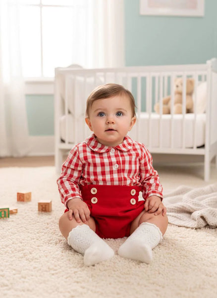 BABY BOY RED PLAID LONG SLEEVE SHIRT WITH SHORT PANTS RED SET