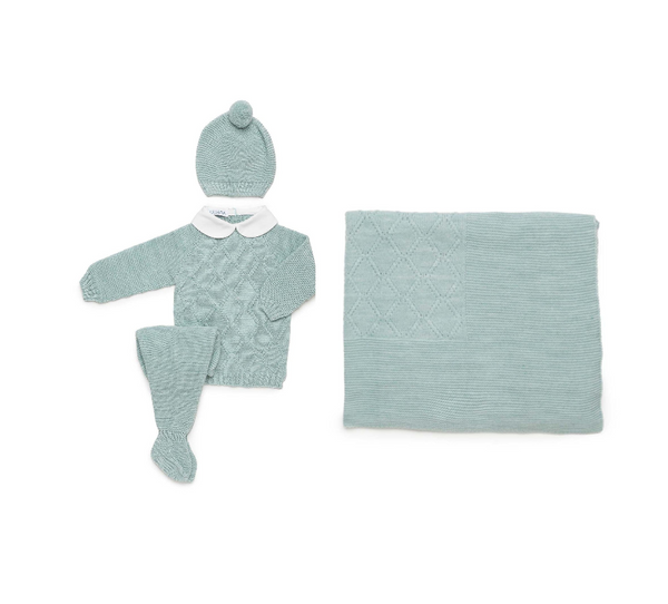 DUSTY GREEN BABY DIAMOND DESIGN BLANKET AND NEWBORN 4P SET