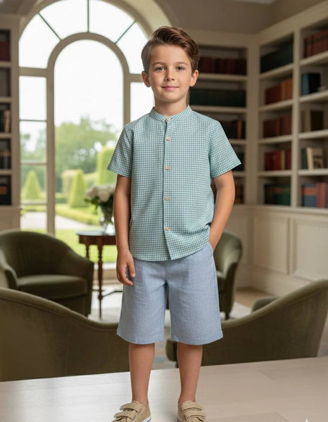 BOY PLAID MAO COLLAR SHIRT WITH SHORT SET