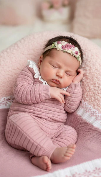 BABY GIRLS KNITTED ROMPER WITH LACE COLLAR