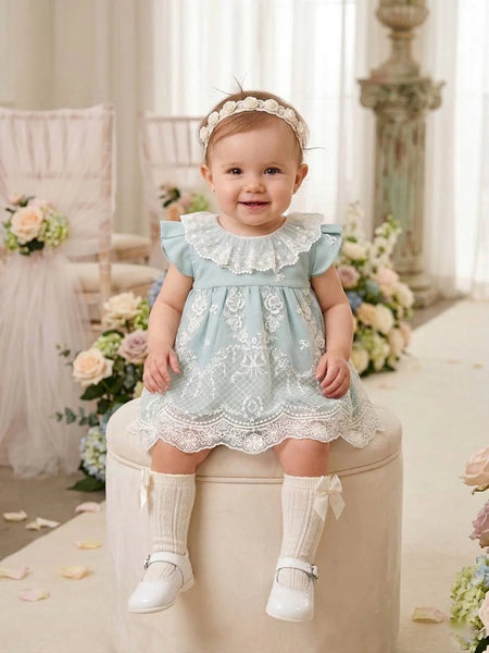 GIRLS LACE GREEN DRESS WITH BLOOMER 2P