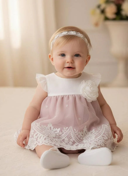 VESTIDO DE NIÑA CON APLIQUE DE FLORES Y ENCAJE