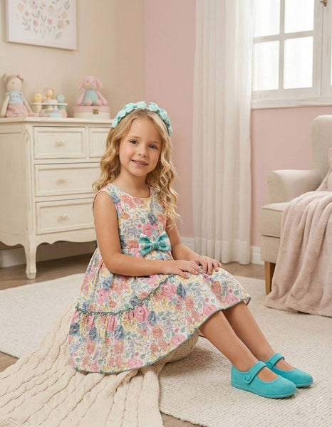 GIRLS FLORAL WITH VICHY BOW DRESS