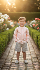 BOYS CORAL PLAID MAO COLLAR SHIRT WITH SHORT SET