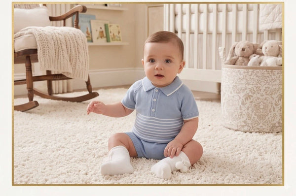 BOYS STRIPED WITH COLLAR KNITTED SHIRT AND SHORT 2P SET