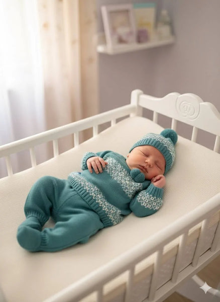 NEWBORN EMBROIDED BORDER AND POMPONS 3P SET