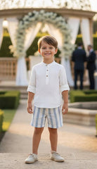 BOYS VERTICAL STRIPES SHORT WITH MAO COLLAR SHIRT SET