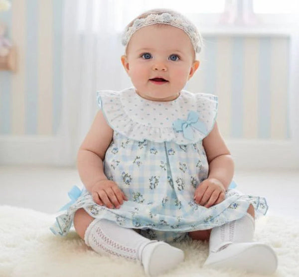 CONJUNTO DE VESTIDO CORTO DE NIÑA CON FLORES AZULES Y CUADROS