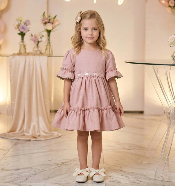 GIRLS LACE DETAIL AND RUFFLE SLEEVE DRESS