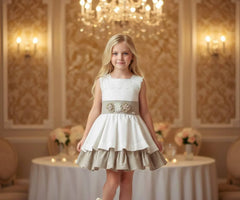 VESTIDO BEIGE DE NIÑA CON APLIQUES FLORALES Y VOLANTES