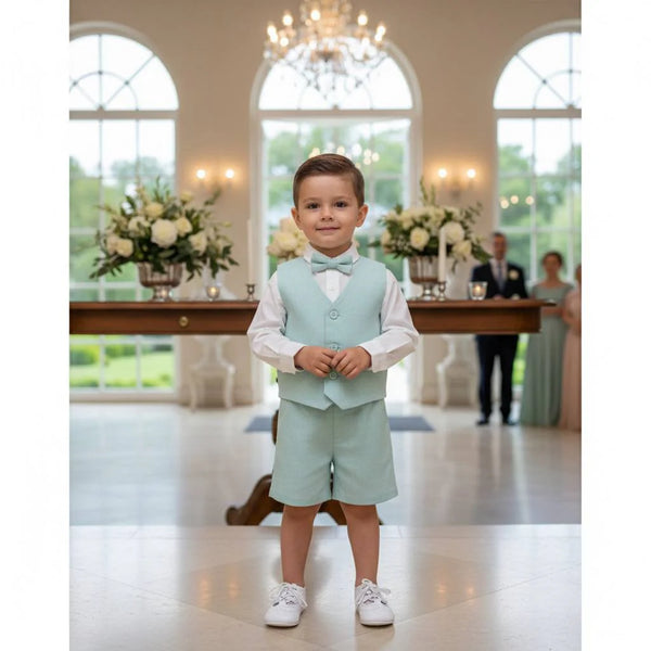 CONJUNTO CORTO ELEGANTE PARA BEBÉ NIÑO CON PAJARITA Y CHALECO