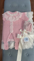NEWBORN LACE COLLAR KNIT LUXURY ROMPER 3P SET