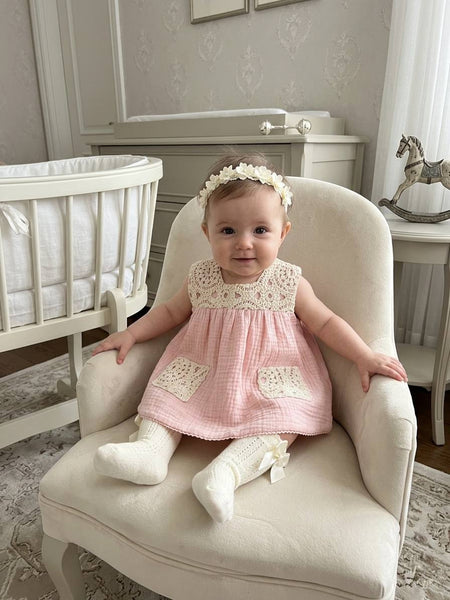 GIRLS CROCHET KNIT GAUZE DRESS WITH BLOOMER 2P DECORACION