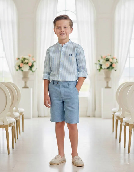 CONJUNTO MEDIEVAL DE CAMISA DE CUELLO MAO A RAYAS PARA NIÑO CON PANTALÓN CORTO