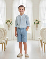 CONJUNTO MEDIEVAL DE CAMISA DE CUELLO MAO A RAYAS PARA NIÑO CON PANTALÓN CORTO