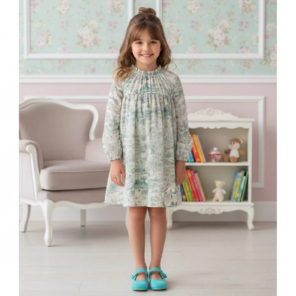 GIRLS TOILE PRINT LONG SLEEVE DRESS DELHI