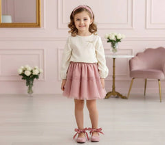 CONJUNTO DE FALDA DE TUL Y BLUSA BRILLO DORADO PARA NIÑA