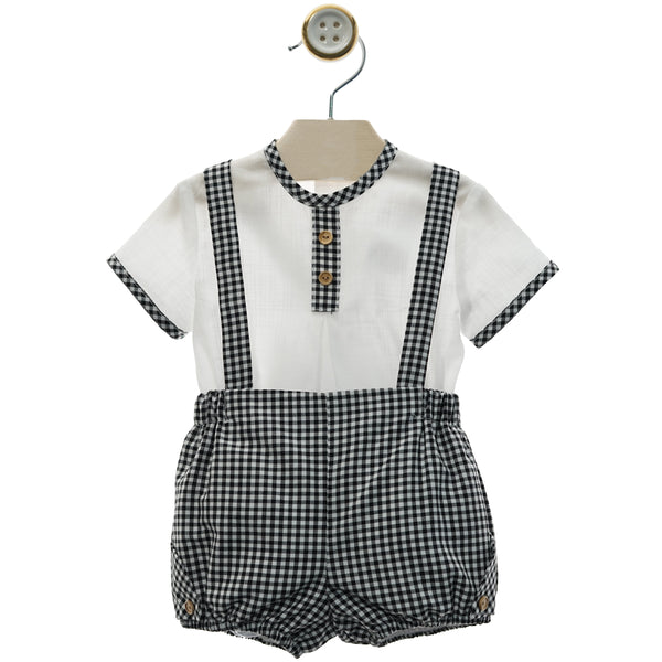 BOYS VICHY SHORT WITH SUSPENDERS AND MAO COLLAR SHIRT SET