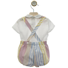 BOYS MULTICOLORED SHORT WITH SUSPENDERS AND SHIRT SET