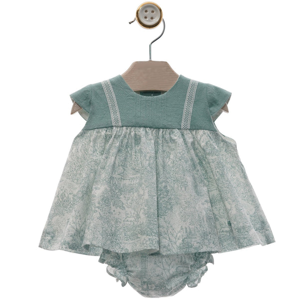 GIRLS FOREST PRINT GREEN SHORT DRESS WITH BLOOMERS
