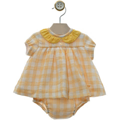 GIRL YELLOW PLAID AND PLUMETI COLLAR SHORT DRESS  WITH BLOOMERS